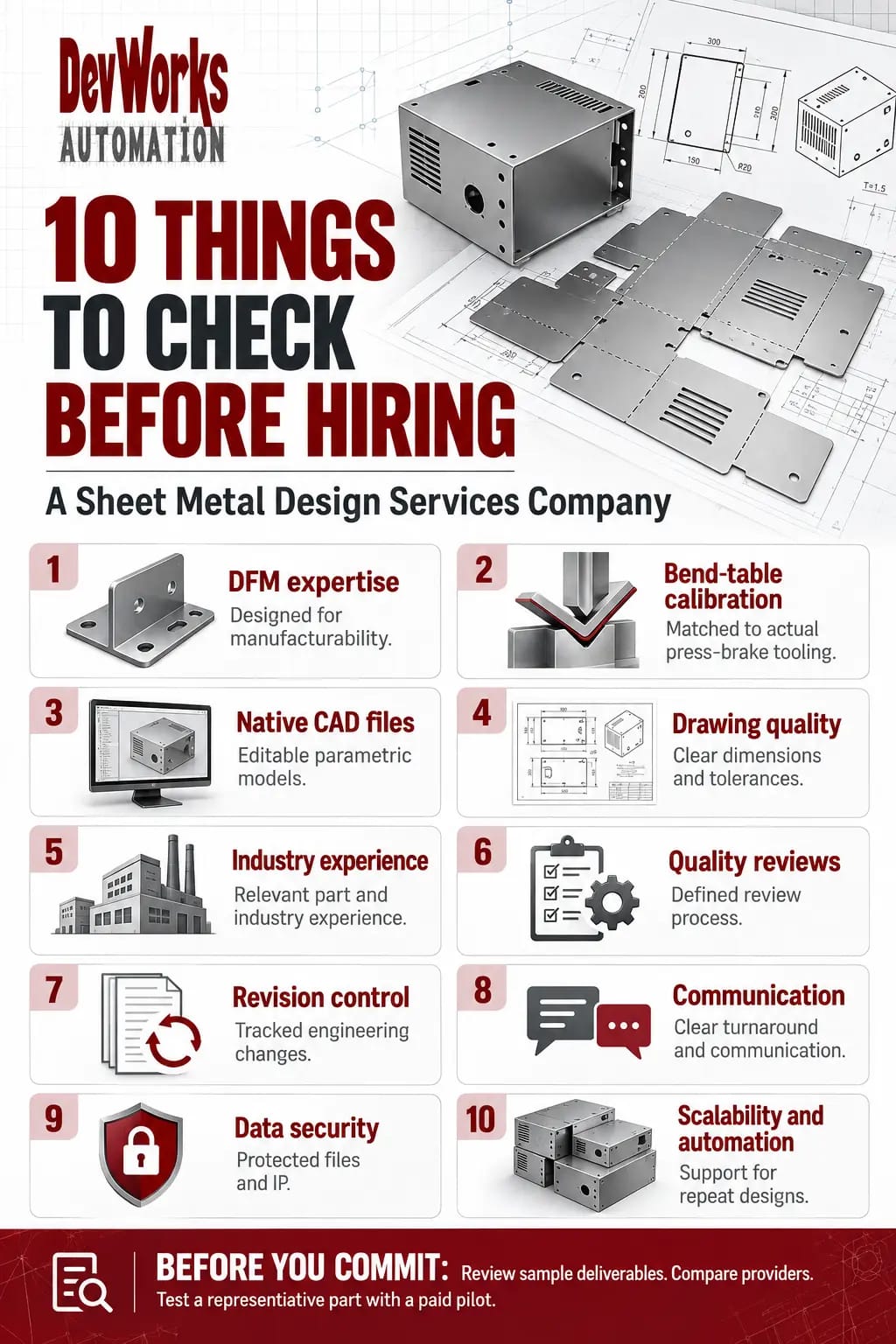 Infographic: 10 things to check before hiring a sheet metal design services company — DFM expertise, bend-table calibration, native CAD files, drawing quality, industry experience, quality reviews, revision control, communication, data security, and scalability and automation