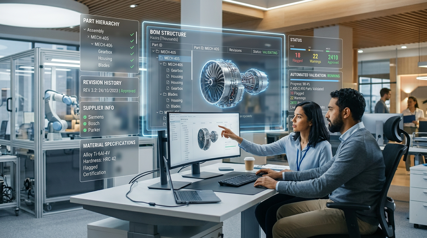 Engineers reviewing an automated BOM structure and validation dashboard