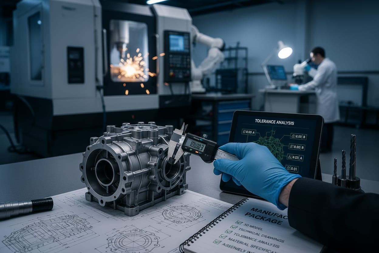 Engineer measuring a machined gearbox housing with calipers beside a tolerance-analysis tablet and CNC cell