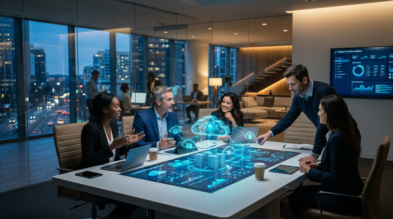 Team reviewing cloud transformation dashboard