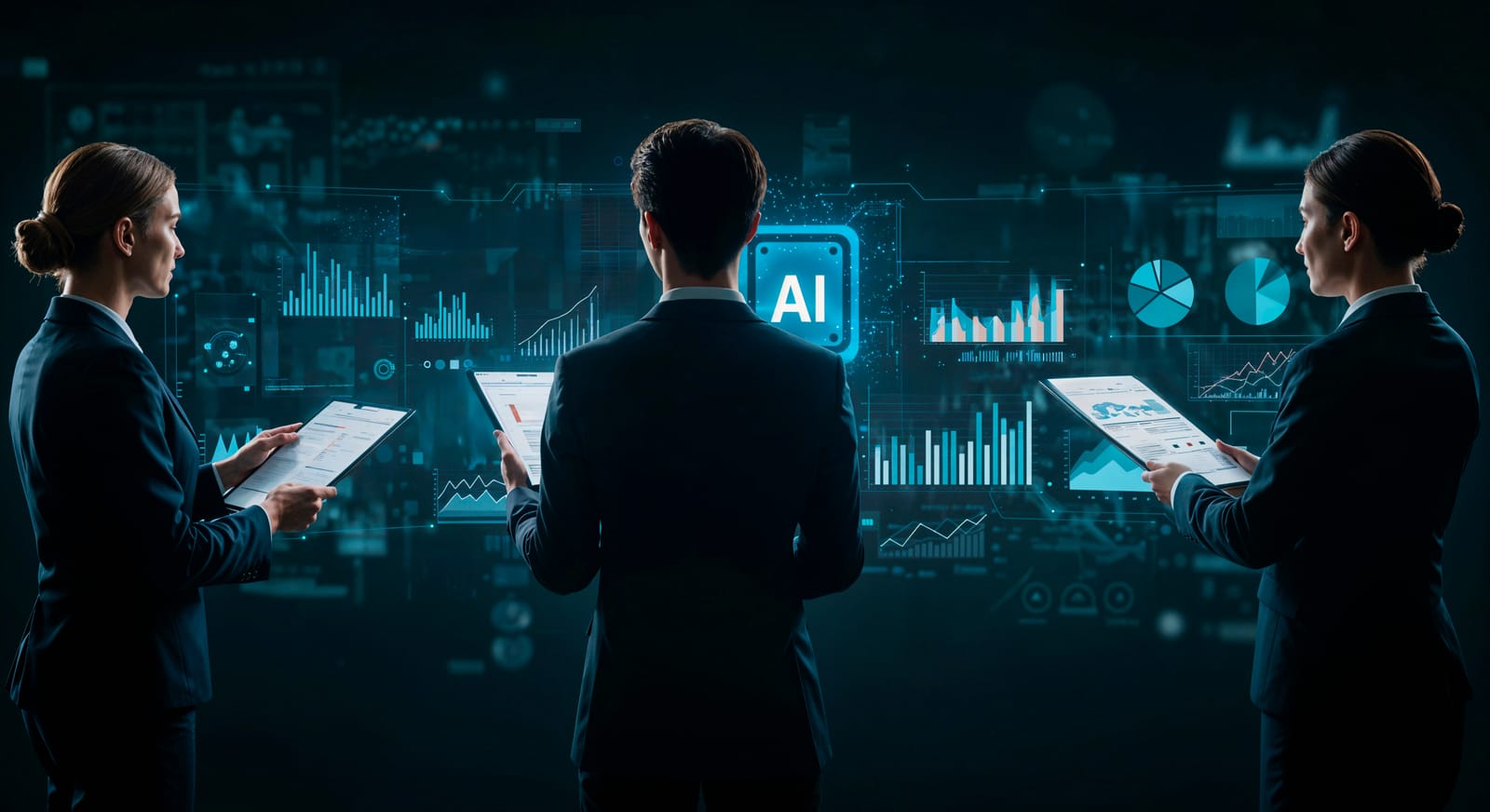 Professionals reviewing AI and data analytics insights on a holographic dashboard