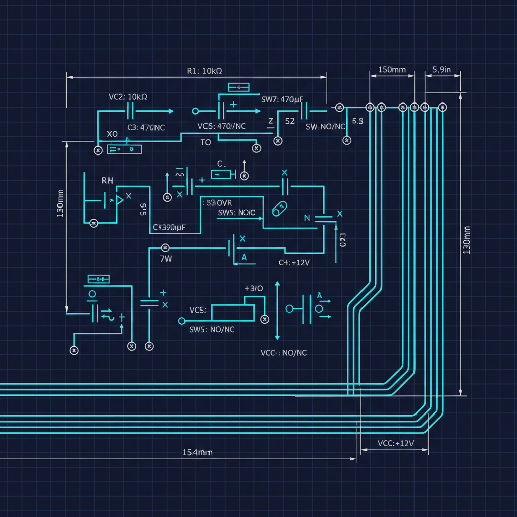 Electrical schematic and PCB trace drawing on a CAD workstation