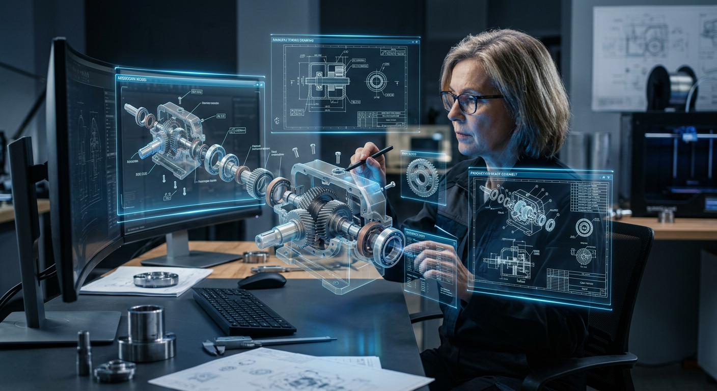 Engineer reviewing a 3D-rendered mechanical assembly on multiple monitors