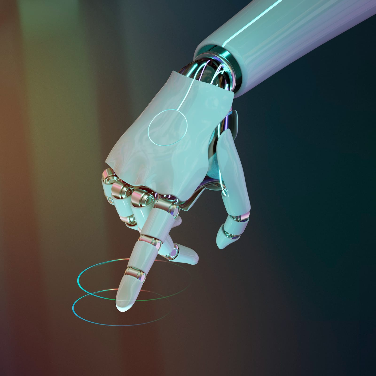 Futuristic robotic hand with glowing digital interface