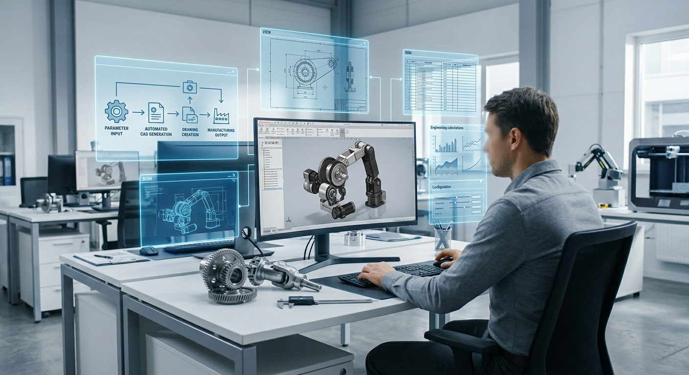 Engineer at a CAD workstation with design automation overlays
