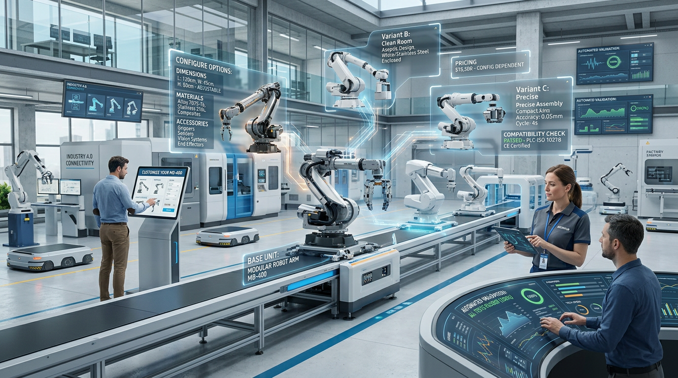 Engineers reviewing automated product configuration rules on a factory floor display