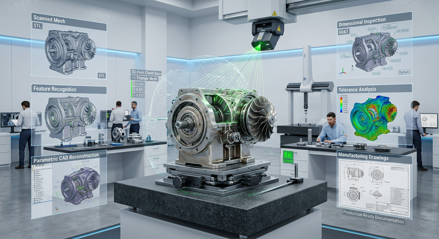 3D scanning and precision inspection lab reconstructing a part into manufacturable CAD
