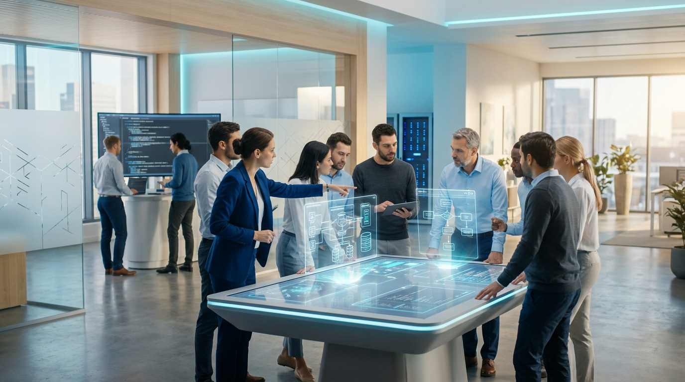 Team collaborating around an interactive RPA automation console