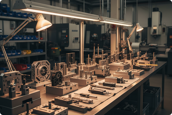 Tooling and fixture workstation on the shop floor, with jigs, gauges, and precision-machined parts staged for inspection